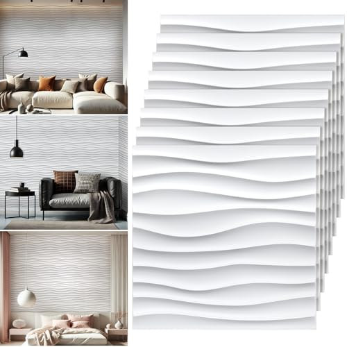 Chunful 30 Pcs 28.81 Sq ft 3D Wall Panels PVC Wave Design,11.8 x 11.8 Wall Panels Brick Wallpaper Waterproof for Interior Living Room Bedroom Decor(White)