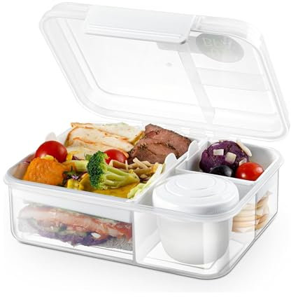 EASYLOCK 1650ML Bento Lunch Box with Compartments Salad Boxes for Lunch with Dressing Container Sandwich Box Bento Box for School Office Picnic (White)