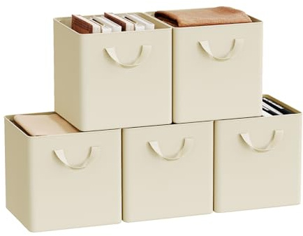 WOLTU Faltbare Aufbewahrungsboxen 5 Stück, mit Griffen,Creme, 26x26x26cm
