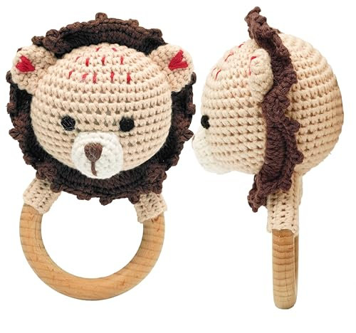Beißring Baby Löwe braun gehäkelt aus Holz – Handgemachte Rassel – Montessori Spielzeug – Geschenk zur Geburt für Jungen & Mädchen – Little Hoodies
