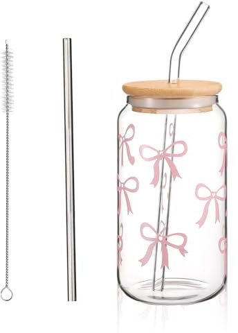 Cosmeria Aesthetic Trinkglas mit Strohhalm und Deckel, 16 oz Butterfly Bow Glass Cup with Lid, Straw, and Brush, Clean Girl Aesthetic Stuff for Women