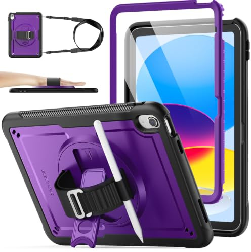 SEYMAC stock Coque pour iPad (A16) 11ème/10ème Génération 11''/10,9'' 2025/2022, Antidérapant Givré/Antichoc, avec [Support/Dragonne Rotatif à 360°] Protecteur D'écran & Porte-Stylet, Violet