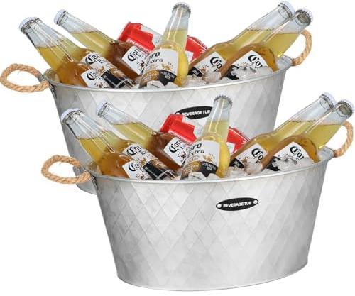 iHoo Galvanized Tub, Beverage Bucket with Handles, 2 Pcs Large Ice Buckets for Parties -Galvanized Drink Buckets for Indoor or Outdoor Bars