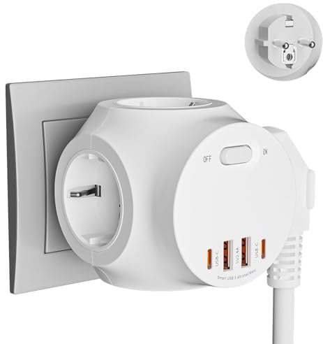 Glovios Steckdosenwürfel Ohne Kabel, 4 Fach Steckdosenleiste mit Schalter, Mehrfachsteckdose Würfel mit 4 USB, Steckdosenadapter für Büro Hause Reisen