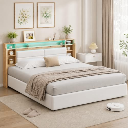 PerGar Polsterbett Doppelbett 140x200 cm, Boxspringbett mit LED Beleuchtung und Stauraum Kopfteil, Hydraulisch Stauraumbett Jugendbett Funktionsbett Bettgestell, PU, Ohne Matratze, Weiß