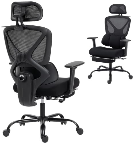HOMCOM Bürostuhl mit 3D Einstellbarer Armlehne Lendenstütze, Schwarz | Ergonomischer Schreibtischstuhl, Kopfstütze, Höhenverstellbarer Computerstuhl, Drehstuhl mit Wippfunktion, Netz