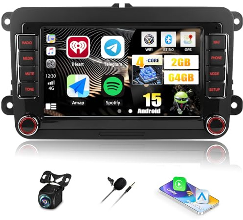 2+64G CAMECHO Android 15 Carplay Autoradio per VW Golf 5 6 Polo 5 T5 Skoda Passat B6 B7 Seat, Navigatore Wireless Android Auto, 7 Radio per Golf 5 WiFi Bluetooth Mirror Link FM/RDS + Telecamera