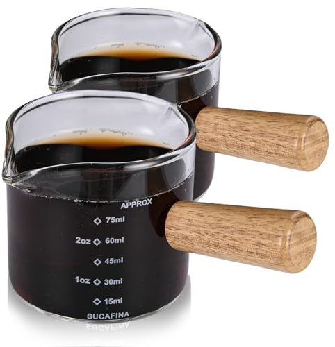 2pcs Glass Espresso Measuring Cup 75ml, Double Spout Shot Glass with Wooden Handle, Small Coffee Measuring Jug for Espresso, Barista, Milk & Sauce