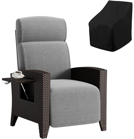 Fiutazge Tumbonas Jardin de Ratán con Respaldo Regulable,Sillon Relax Reclinable,Chaise Longue con Funda Sillas Jardin,para Terraza y Patio,Ratán Negro y Cojín Gris,Mesa Pequeña - Lado Derecho