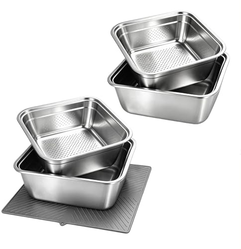 LINMAGCO 4 Pcs Washing Up Bowl Strainer Bowl Set 2-in-1 Washing Up Bowl 32cm+34cm Stainless Steel Dish Tub with Colander with Cushion, Fruit and Vegetable Washing Basin for Fruit Food Preparation