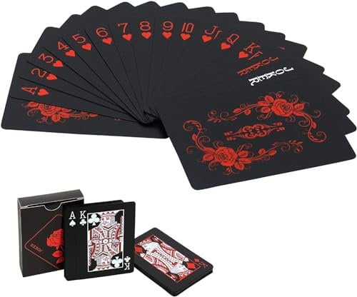 Joyoldelf Poker Spielkarten Wasserdichtes Schwarze Pokerkarten mit Rosenmuster & Blumenrücken, klassisches Zauber Trickwerkzeug