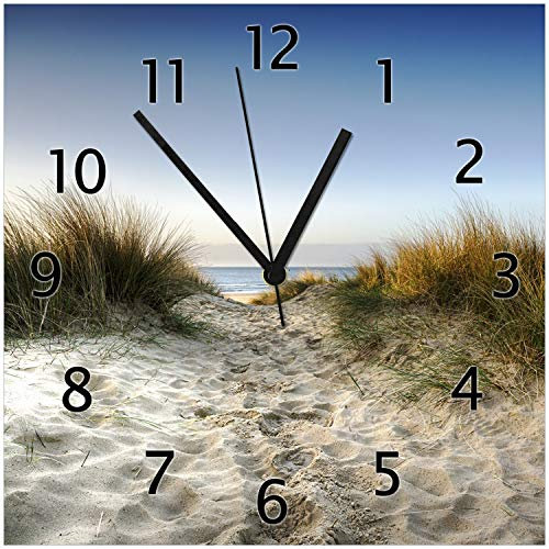 Wallario Design-Wanduhr Weg durch die Dünen zum Strand am Meer aus Glas, Motiv-Uhr Größe 30 x 30 cm, Schwarze Zeiger