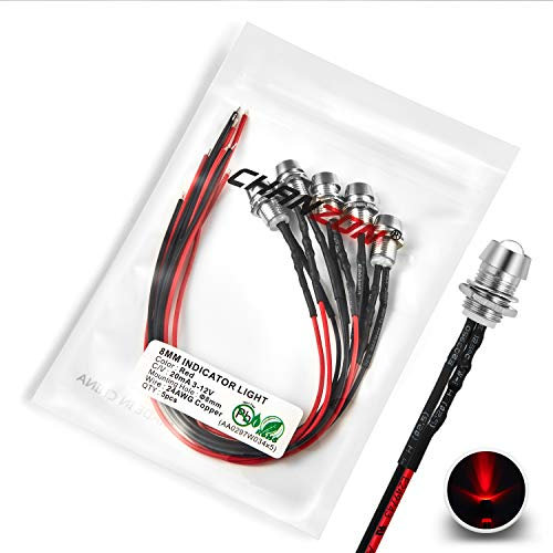 CHANZON [Fil UL] 5 pcs 8mm Montage sur Panneau + 5mm LED Rouge Lampe à Diode Pilote (Lentille Ronde Transparente Transparente) 12V Universel Encastré Tableau de Bord Indicateur Panneau Prise Lumière