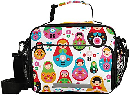 PUXUQU Kids Lunch Bag Retro Russian Doll Insulated Lunch Box with Strap Side Mesh Pocket Snack Box Tote Cooler Bag for School Picnic Work