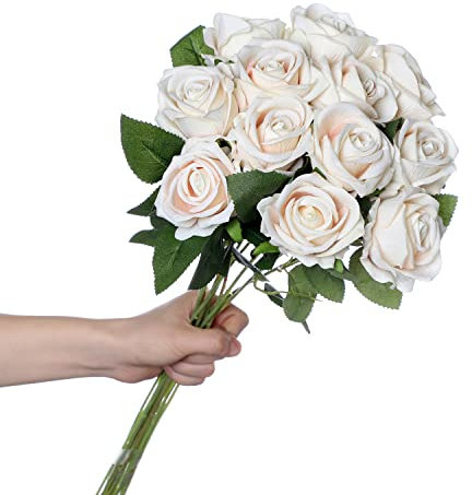 huaao Lot de 12 Roses Fleurs Artificielles de Soie avec Tige Longue Faux Bouquet Floraux pour Décoration Mariage Mariée Maison Fête d'anniversaire Décor Floral Centres Table Jardin, Champagne