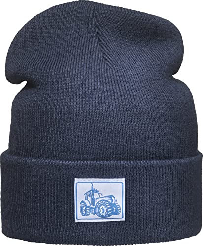 Patch Strickmütze für Kinder: Traktor - Trecker Bauernhof Bagger Baustelle LKW Schlepper - Wintermütze Warme Beanie Kappe Kopfbedeckung Geschenk für Junge Jungen & Mädchen (Navy)
