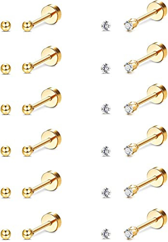 LOLIAS 12 Paar 2 mm Ohrstecker für Damen Herren Mädchen 14 Karat vergoldet 316L Chirurgenstahl Knorpel Piercing Winzige Ohrstecker 20G Klar CZ Runde Kugelumlaufspindel Flatback Ohrring Set