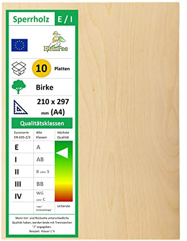 HolzFee 10 Stück Sperrholzplatte 3 mm A4 210 x 297 mm Klasse E / 1 Top Qualität Birkensperrholz