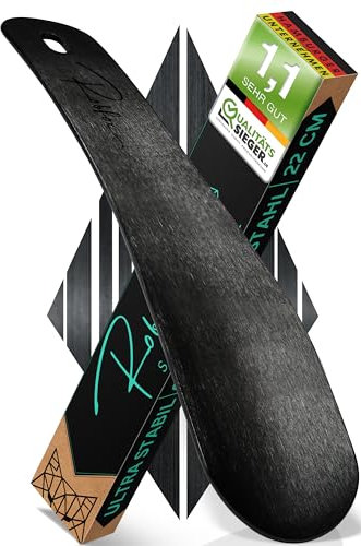 Robfox Schuhlöffel klein I 22cm lang & extra stabil I gebürstetes Metall I Schuhanzieher klein aus Edelstahl I kompakte Schuh Anziehhilfe I Schuhauszieher kurz I kleiner Kinder shoe horn
