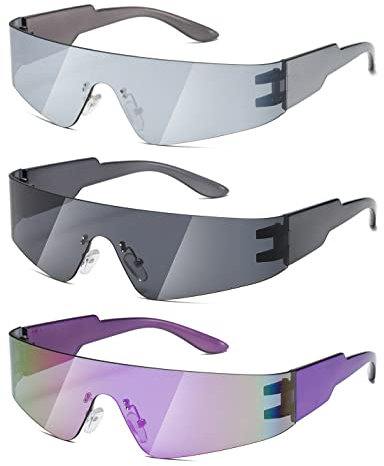 MASDUN Trendy Rimless Futuristic Sunglasses for Women and Men, Cyberpunk Visor Sunglasses, Fashion Glasses, Black/Silver/Purple, 70mm