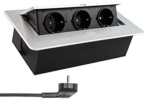 Versenkbare Einbausteckdose mit Kabel/Stecker 3er Schuko, 2er Schuko+USB in 3 Farben oder Inbox mit 2er Schuko+USB/HDMI/RJ45 Anschluss in 2 Farben Steckdose Stromdose (3er Schuko silber)