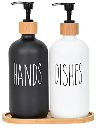 2 Pièces 475ml Distributeur de Savon en Verre, Bouteille Shampoing Vide avec Pompe et Plateau en Bois,Flacons à Pompe Vides à Pression,Flacon Sistributeur pour Cuisine,Salle de Bain, Hôtel -Noir+Blanc