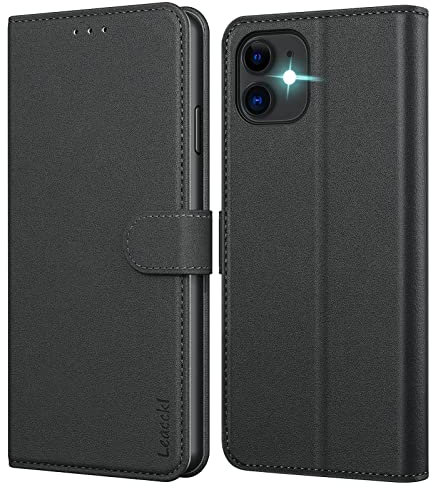 Leacckl for iPhone 11 Case, Leather Wallet Case, Flip Case with Card Holder and Magnetic Buckle, Black