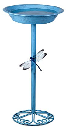 TIANCENTRAL H Vogeltränke für den Außenbereich, 65 cm hoch, Metall, Vogeltränke mit Libelle für Garten, Hof und Rasendekoration, Blau