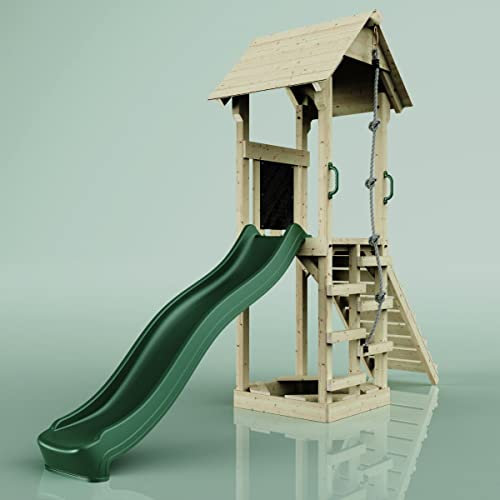 Rebo Spielturm mit Wellenrutsche | Outdoor Klettergerüst Garten inkl. Kletterseil und Kletterleiter | Stabile Konstruktion, Weiches Gefühl in den Seilen