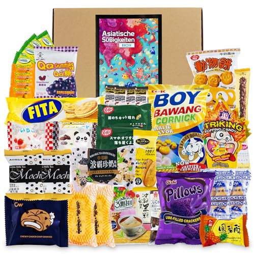 Asiatische Süßigkeiten Box mit über 30 Snacks - Asia Candy Mix mit Chips, Schokolade, Crackern und Keksen aus Korea, Taiwan, Japan, China, Thailand, Indien uvm. - Probierbox Spezialitäten aus Asien