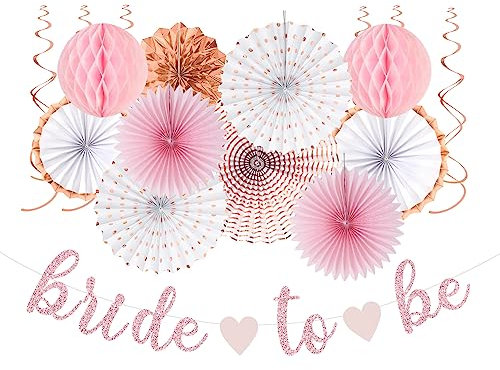 Pink Rose-Gold Bridal-Shower Party-Decorations Streamers - 17pcs Kits Bride to Be Banner Garland,Bachelorette Wedding Paper Tissue Pom Poms Fan,Honeycomb Lanterns Decor Panduola