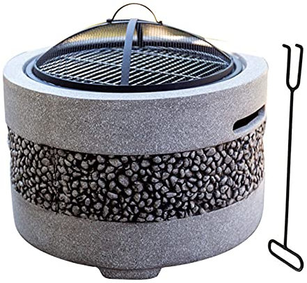 Runde Feuerschale und Grill für den Außenbereich, 55 cm Rand aus MgO-Kunststein für Außenterrassen, Terrassendielen, Lavasteine, große 3-in-1-Feuerstelle