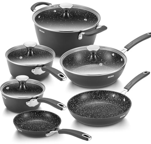 BEZIA Induction Hob Pan Set 10-Piece, Pots and Pans Set Non-Stick, Induction Cookware Set with Anti-Scald Silicone Handles & Lids, Oven-Proof Sautépan, Saucepans for All Hobs