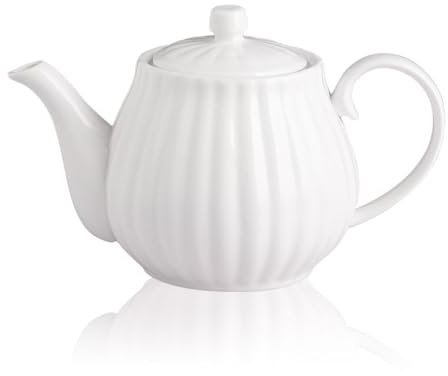 Sweejar Home Teiera in porcellana bianca, teiera in ceramica dal design semplice e creativo a righe, teiera con foglie sfuse, per donne e amanti del tè, 900 ml, 3-4 tazze