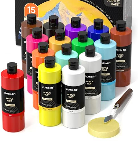 Shuttle Art Acrylic Paint Set, 15 Pack Large Bottle Set, 473ml/16oz Each, 14 Colours and Extra White, Art Paint for Artists & Kids on Canvas, Wood, Crafts
