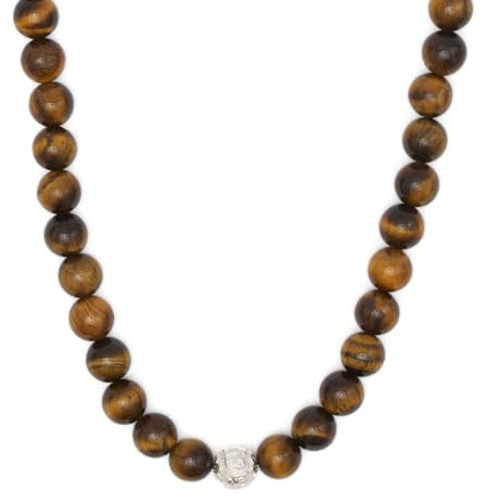 BERGERLIN Tigerauge Halskette echt - Perlenkette mit 925 Sterling Silberperle - Echte Tigerauge Kette in Größe M-L