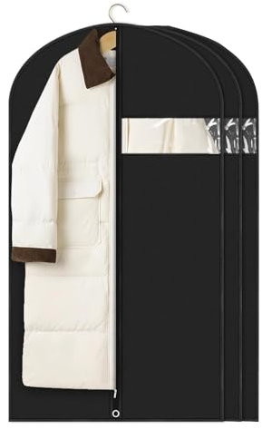 VIDSTW 3 Pezzi Custodie per Abiti PEVA con Finestra 60 x 120 cm Copri Abiti Antipolvere Nero Porta Abito con Cerniera Borsa Porta Abiti Lavabile per Giacche Gonne Camicie