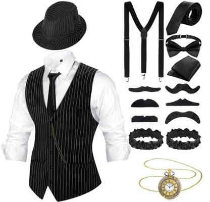 20er Jahre Herren Accessoires mit Weste Fedora Hut Taschenuhr Fliege Krawatte Hosenträger und Requisit (Schwarz Weiß Gestreift, S)