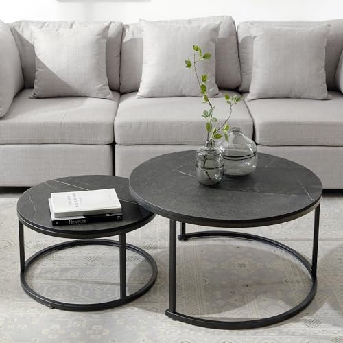 homeguru Satztisch 2 Set Couchtisch klein, Modernes Design Beistelltisch fürs Wohnzimmer, Holz Satztische Marmormuster, Dekoratives Set, Groß 80X 80X 45CM, Klein 60X 60X 35CM, Dunkelgrau