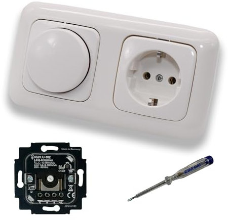 Busch Jäger 6523U-102 LED Drehdimmer Dimmer + Dimmerscheibe 2115-214 und Steckdose 20EUC-214 in Reflex Si alpinweiß glänzend inklusive EBROM Phasenprüfer zur Montage der Geräte 6523 U – 102