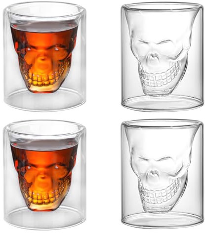 DAWRIS Crystal Skull Shot Glasses Set of 4, Double Layer Skull Glass Cup 150ML Funny Crystal Drinking Cup Whiskey Glasses Cool Beer Cup for Wine Cocktail Vodka Tequila