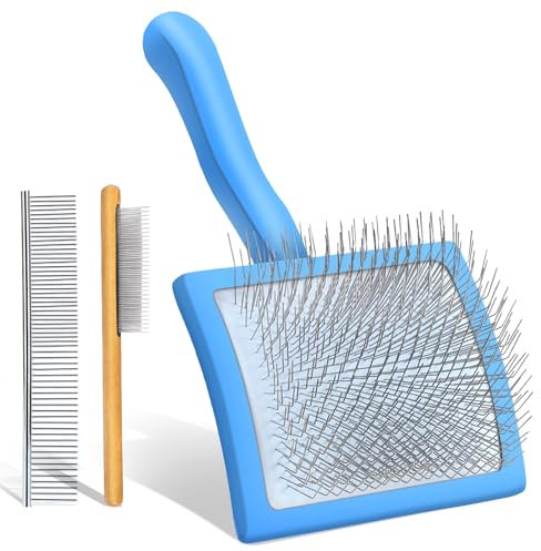COZYGIFT Dog Slicker Brush for Medium or Long Haired Dogs, Long Pin Slicker Brush for Removes Loose Hair, Tangles and Knots, Best Grooming Tools for Small Animals, Large, Free Pet Comb, Blue