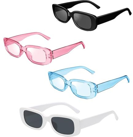 4 Pezzi Occhiali da Sole Rettangolari Donna Uomo, Occhiali da Sole Vintage, Occhiali da Sole alla Moda, Uv 400 e Protezione uv Lenti Grigie Nere-Rosa Blu Bianco Nero
