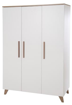 roba Kinderkleiderschrank 3-türig Ole - Schrank für Baby- & Kinderzimmer mit hochwertigen Massivholzgriffen & -füßen - Holz weiß lackiert/Dekor dunkle Eiche