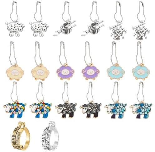 WADORN 36 Stück 9 Stil Legierung Emaille Schaf Anhänger, 2 Stück Stricken Häkeln Manschettenring Mit 17.1mm Innendurchmesser Adjustable Opening Crochet Ring Werkzeugset Für Stricken Weben Nähzubehör