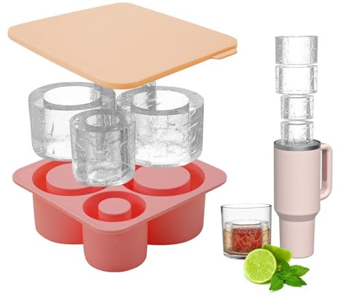 FUFRE Eiswürfelform Silikon für Stanley Becher, 4 Fach Eiswürfelbehälter für Stanley Cup, Silikon Eiswürfelform mit Deckel, BPA Frei, Eiswürfelschale Sichere Eiswürfel Form für 30/40 Oz Becher (Rosa)