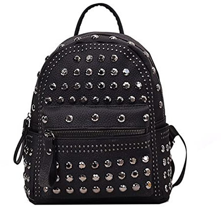 YOUNAFEN Einfarbiger Vintage-Rucksack, wasserdicht, PU-Leder, Nieten, Schultasche für Outdoor-Aktivitäten, Urlaub, Schwarz, Large