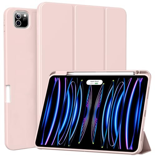 IAMKHO Hülle für iPad Pro 11 Zoll (2022/2021/2020 Modell) mit Stifthalter, Flexible TPU Rückseite Schutzhülle Case Unterstützt das Aufladen von Pencil 2. Gen, Auto Schlafen/Wachen (Rosa)