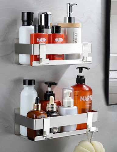 Cooeco Duschablage Ohne Bohren, duschregal ohne bohren 2 Stück, Duschregal mit 4 Haken, Duschablage edelstahl geeignet für Bad und Küche