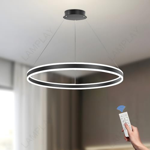 LAMPLAY Runde Moderne LED-Pendelleuchte, 1 Schwarzer Ring-Kronleuchter, Dimmbar Mit Fernbedienung 3000K-6000K Deckenleuchte, Höhenverstellbar, Foyer, Wohnzimmer, Schlafzimmer, Esszimmer(Ø80cm)